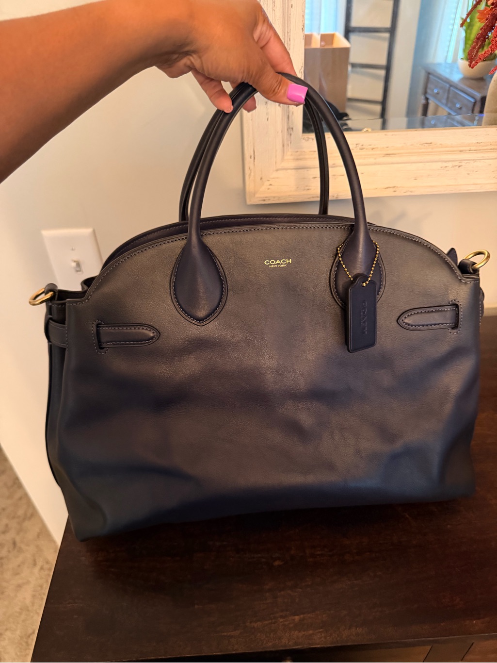 Coach Navy Leather Dome Satchel With Top Handles